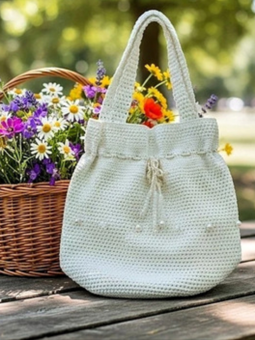 NEW! Crochet Tote Bag in White With Lining 1107